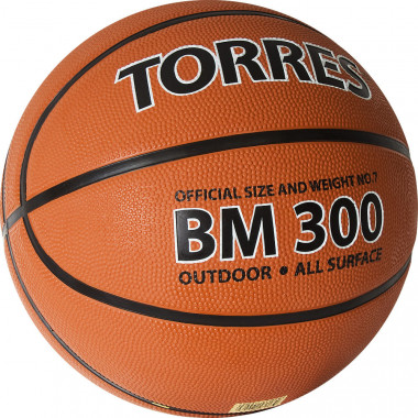 Мяч баск. TORRES BM300, B02017, р.7, резина, нейлон. корд, бут. камера, темнооранж-черн