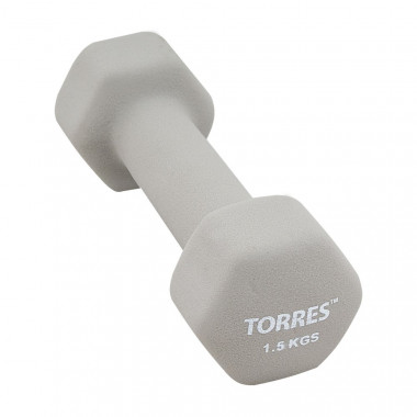 Гантель TORRES 1.5 кг, PL550115, металл в неопреновой оболочке, форма шестигранник, серый