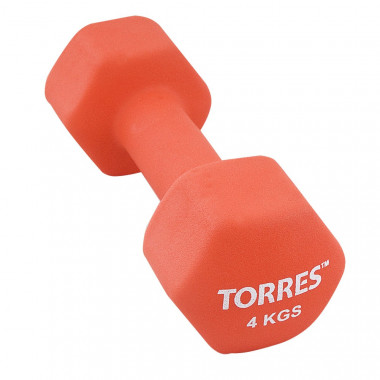 Гантель TORRES 4 кг, PL55014, металл в неопреновой оболочке, форма шестигранник, красный