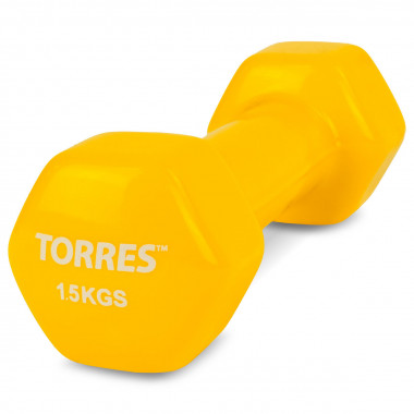 Гантель TORRES 1,5 кг, PL522203, металл в виниловой оболочке, форма шестигранник, желтый