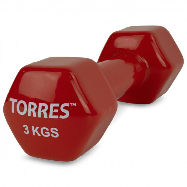 Гантель TORRES 3кг, PL522205, металл в виниловой оболочке, форма шестигранник, красный