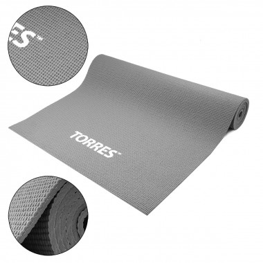Коврик для йоги TORRES Relax 6, YL12236G, PVC 6 мм, нескользящее покрытие, серый