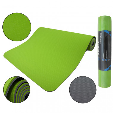 Коврик для йоги TORRES Comfort 6, YL10096, TPE 6 мм, нескользящее покрытие, зелено-серый