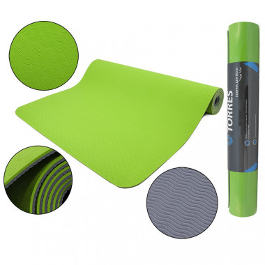 Коврик для йоги TORRES Comfort 4, YL10074, TPE 4 мм, нескользящее покрытие, зелено-серый